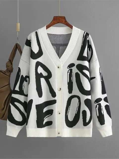 Pre Order:  Letters and Animal Print Loose Cardigan