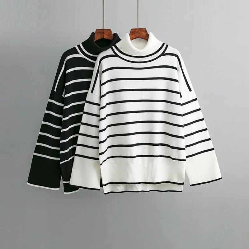 Pre Order:  Striped Ribbed Turtleneck Knit Sweater