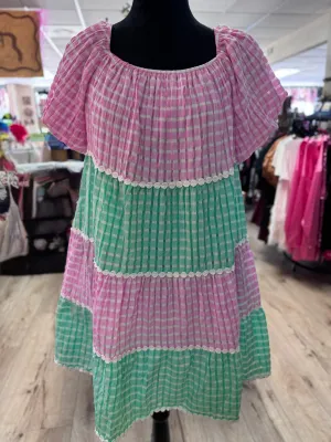 "Pink & Mint Gingham Tiered Trim" Puffy Sleeve Mini Dress