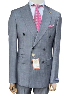Romaster Mens Pinstriped Charcoal Grey Double Breasted Stretch Wool Suit