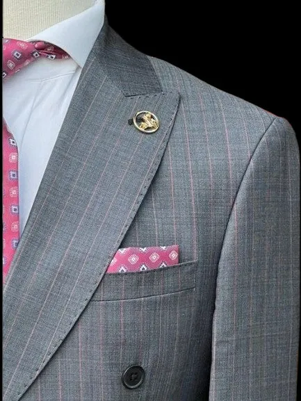 Romaster Mens Pinstriped Charcoal Grey Double Breasted Stretch Wool Suit