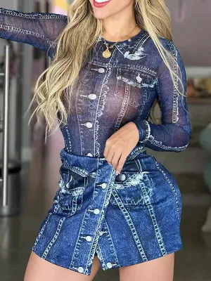 Round-Neck Bodycon Long Sleeves Mesh Printed See-Through Bodysuits   Skirts Bottom Two Pieces Set