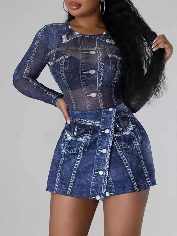 Round-Neck Bodycon Long Sleeves Mesh Printed See-Through Bodysuits   Skirts Bottom Two Pieces Set
