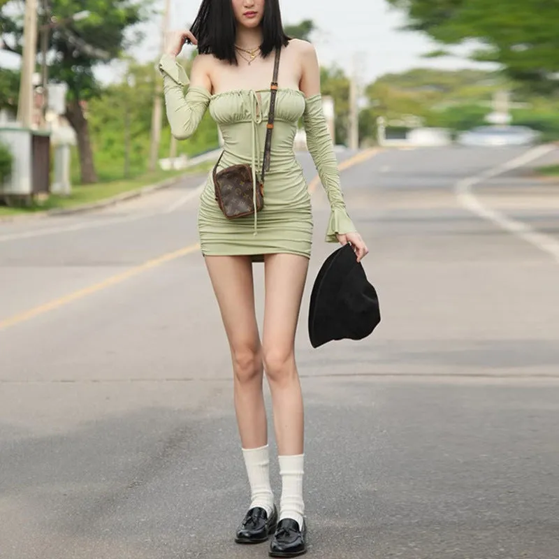 Sexy Bandeau Off-Shoulder Pleated Long Sleeve Dress