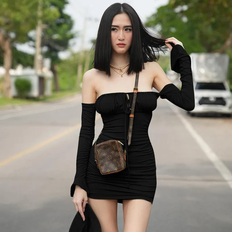 Sexy Bandeau Off-Shoulder Pleated Long Sleeve Dress
