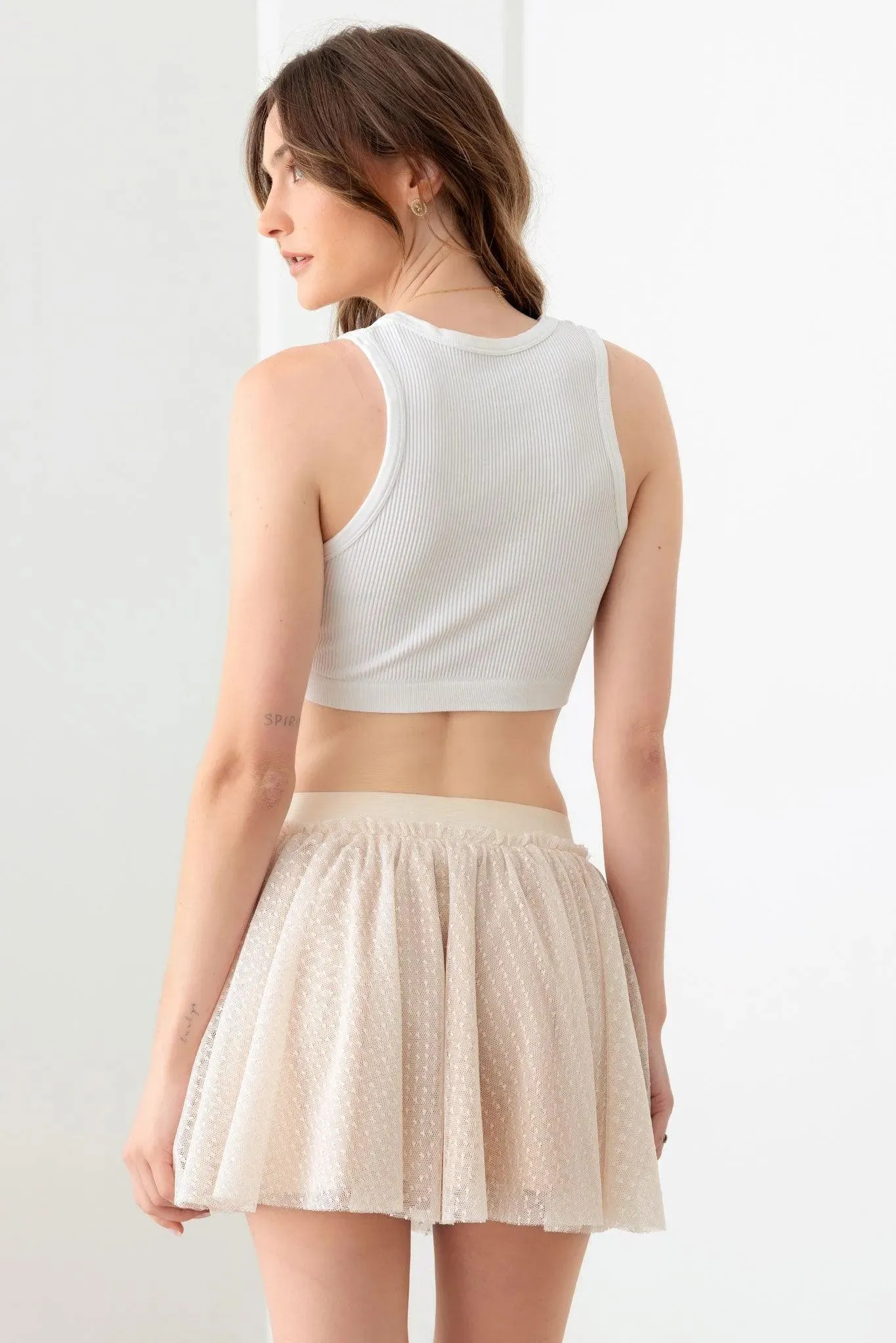 Sheer Pin Dot Elastic Waist Skirt
