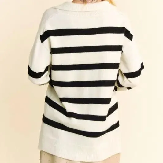 Slick | High-Low Side Slit Sweater Striped Johnny Collar