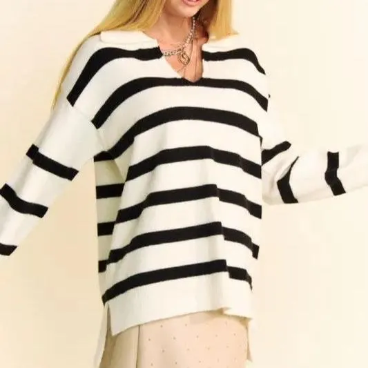 Slick | High-Low Side Slit Sweater Striped Johnny Collar