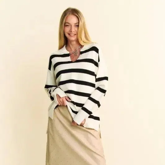 Slick | High-Low Side Slit Sweater Striped Johnny Collar