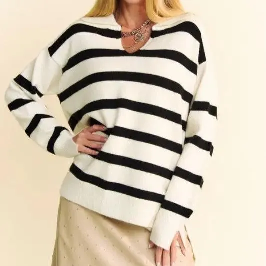 Slick | High-Low Side Slit Sweater Striped Johnny Collar