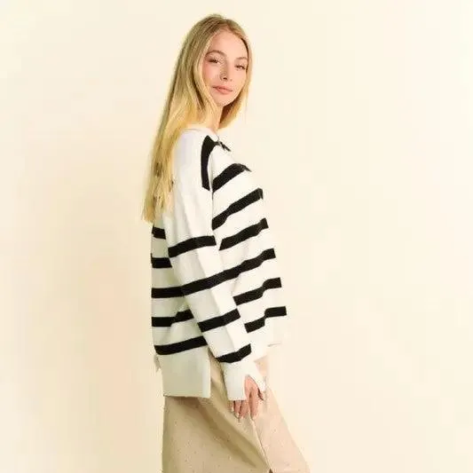Slick | High-Low Side Slit Sweater Striped Johnny Collar