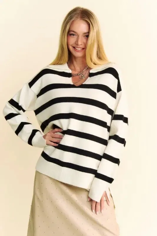 Slick | High-Low Side Slit Sweater Striped Johnny Collar