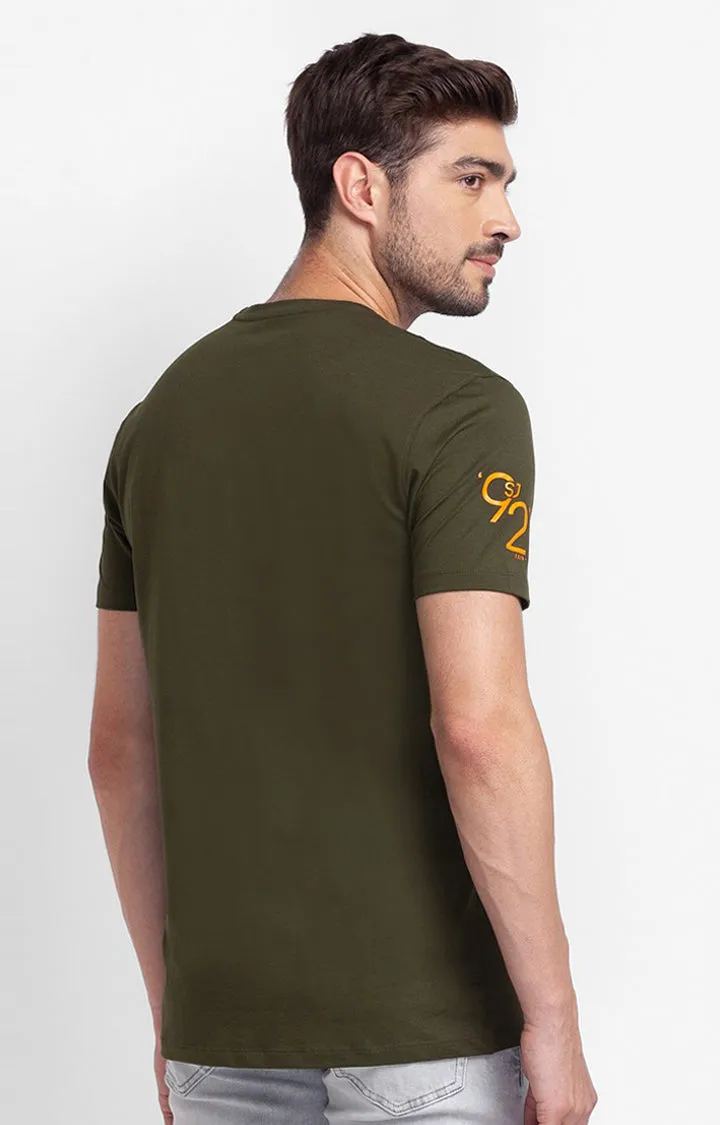 Spykar Rifle Green Cotton Half Sleeve Plain Casual T-Shirt For Men