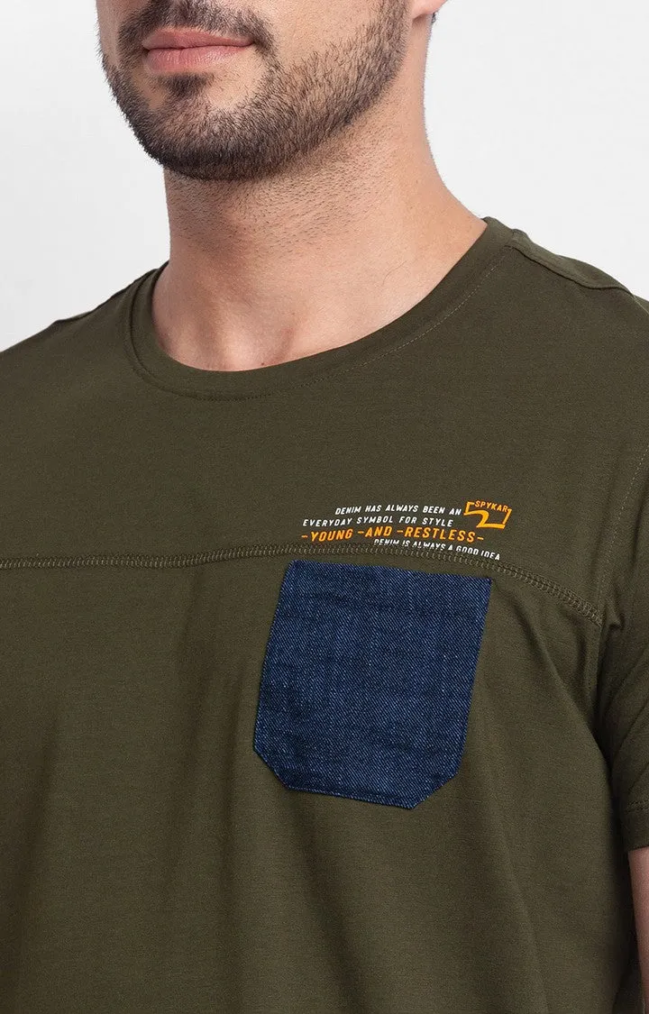 Spykar Rifle Green Cotton Half Sleeve Plain Casual T-Shirt For Men