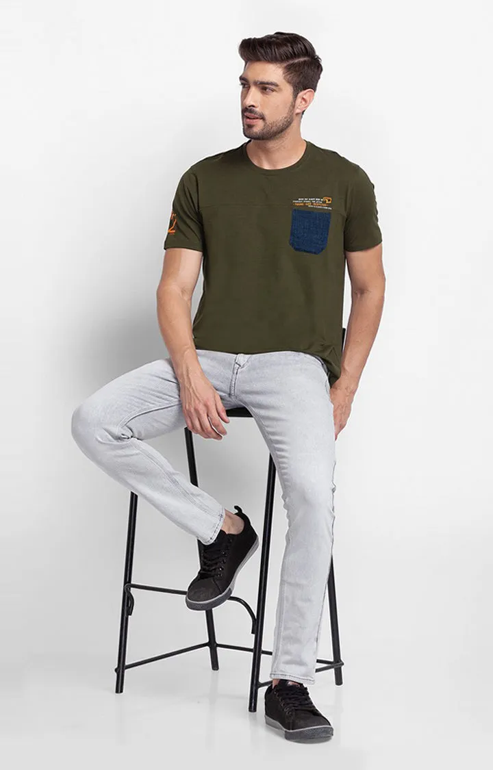 Spykar Rifle Green Cotton Half Sleeve Plain Casual T-Shirt For Men