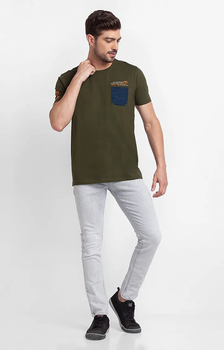 Spykar Rifle Green Cotton Half Sleeve Plain Casual T-Shirt For Men