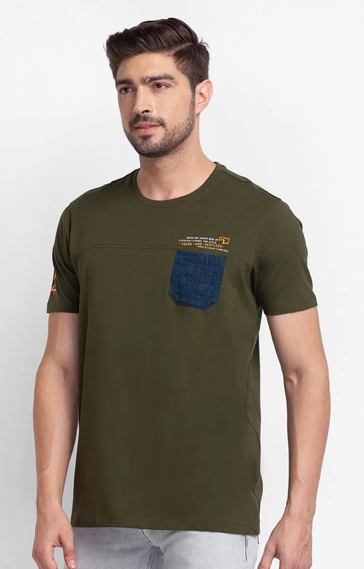 Spykar Rifle Green Cotton Half Sleeve Plain Casual T-Shirt For Men