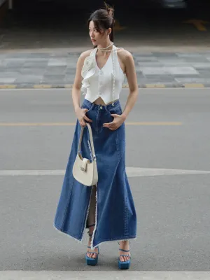 Tinny Skirt - Stylish Washed Denim Slit Skirt