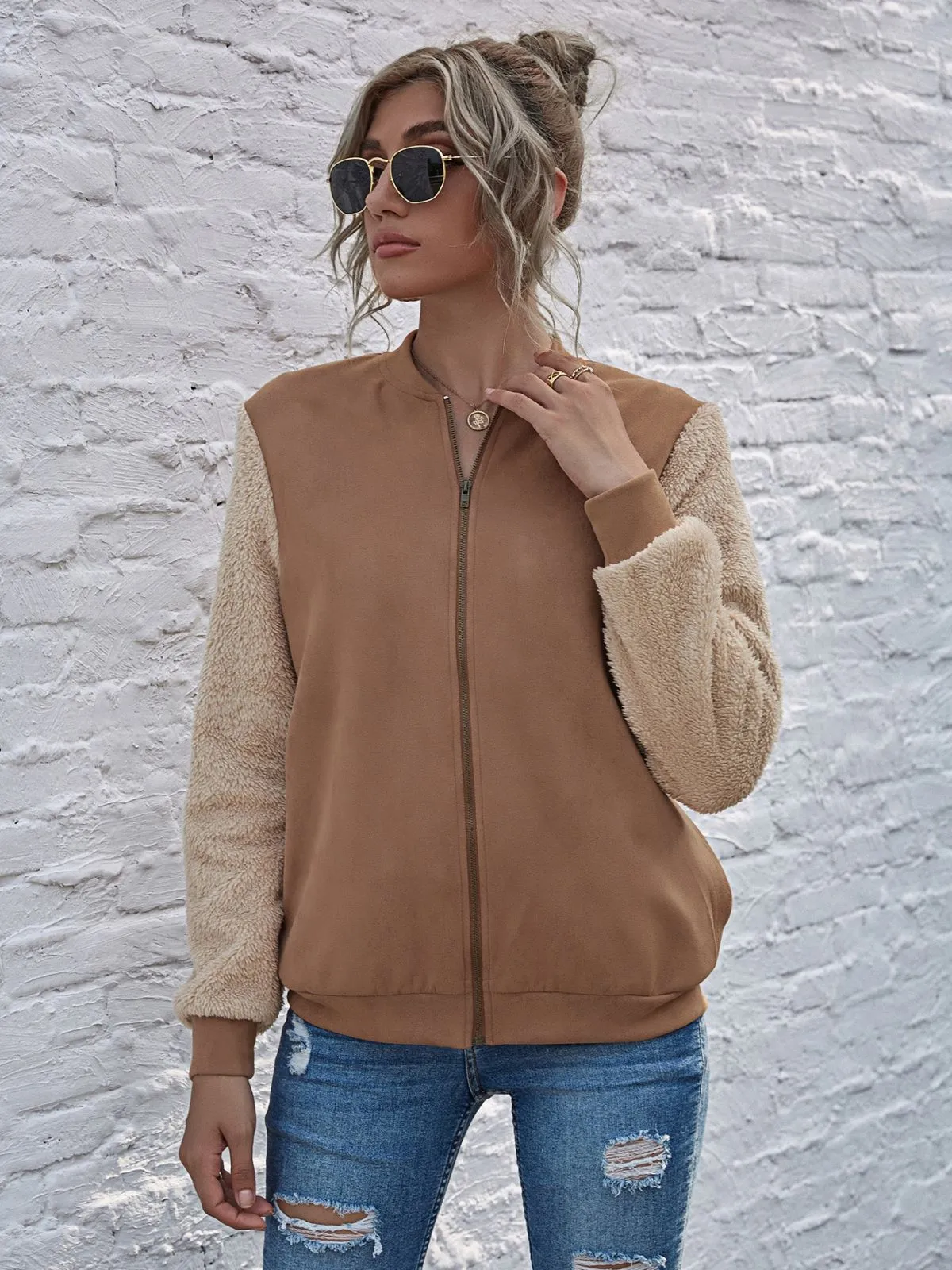Two Tone Teddy Sleeve Jacket