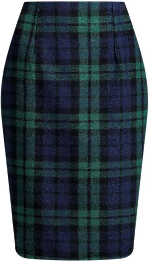 Women Knee Length Elastic Waist Stretchy Bodycon Business Pencil Skirt Slim Plaid Print Half Body Midi Hip Skirts