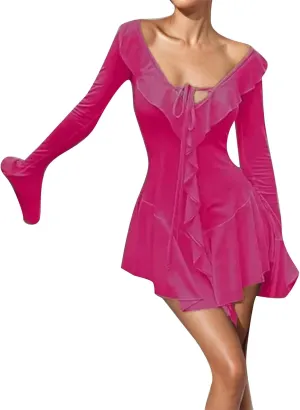 Women Sexy V Neck Dresses Tie Front Ruffle Mini Beach Dress Long Sleeve Casual Slim Fit Solid Ruched Bodycon Short Dress 2025
