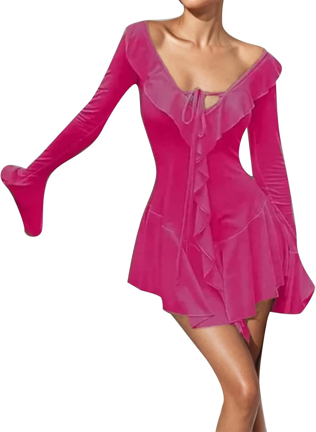 Women Sexy V Neck Dresses Tie Front Ruffle Mini Beach Dress Long Sleeve Casual Slim Fit Solid Ruched Bodycon Short Dress 2025