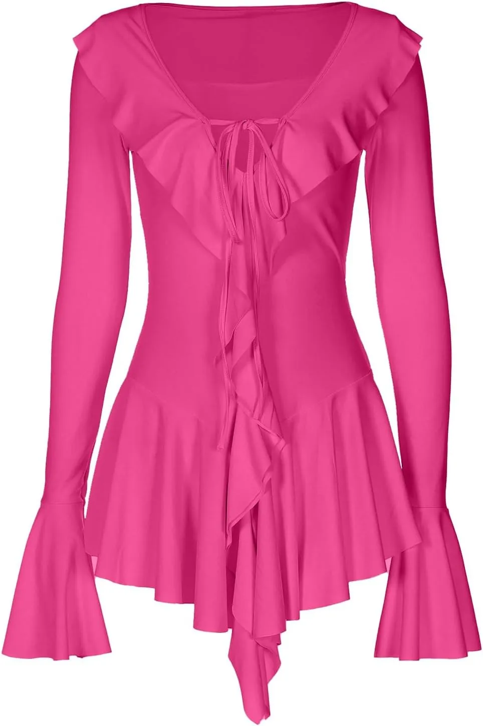 Women Sexy V Neck Dresses Tie Front Ruffle Mini Beach Dress Long Sleeve Casual Slim Fit Solid Ruched Bodycon Short Dress 2025