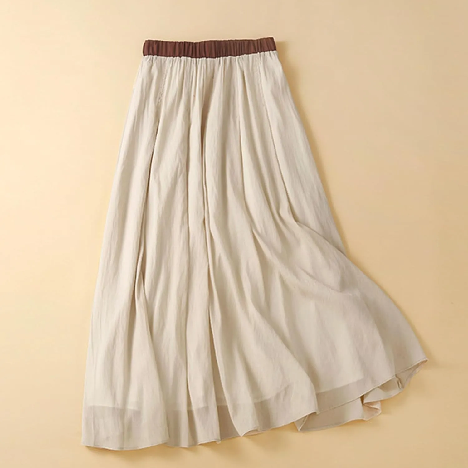 Women's Cotton Linen Retro Skirt Summer Casual Flowy A-Line Midi Skirts Color Block Tie Elastic Waist Beach Skirt