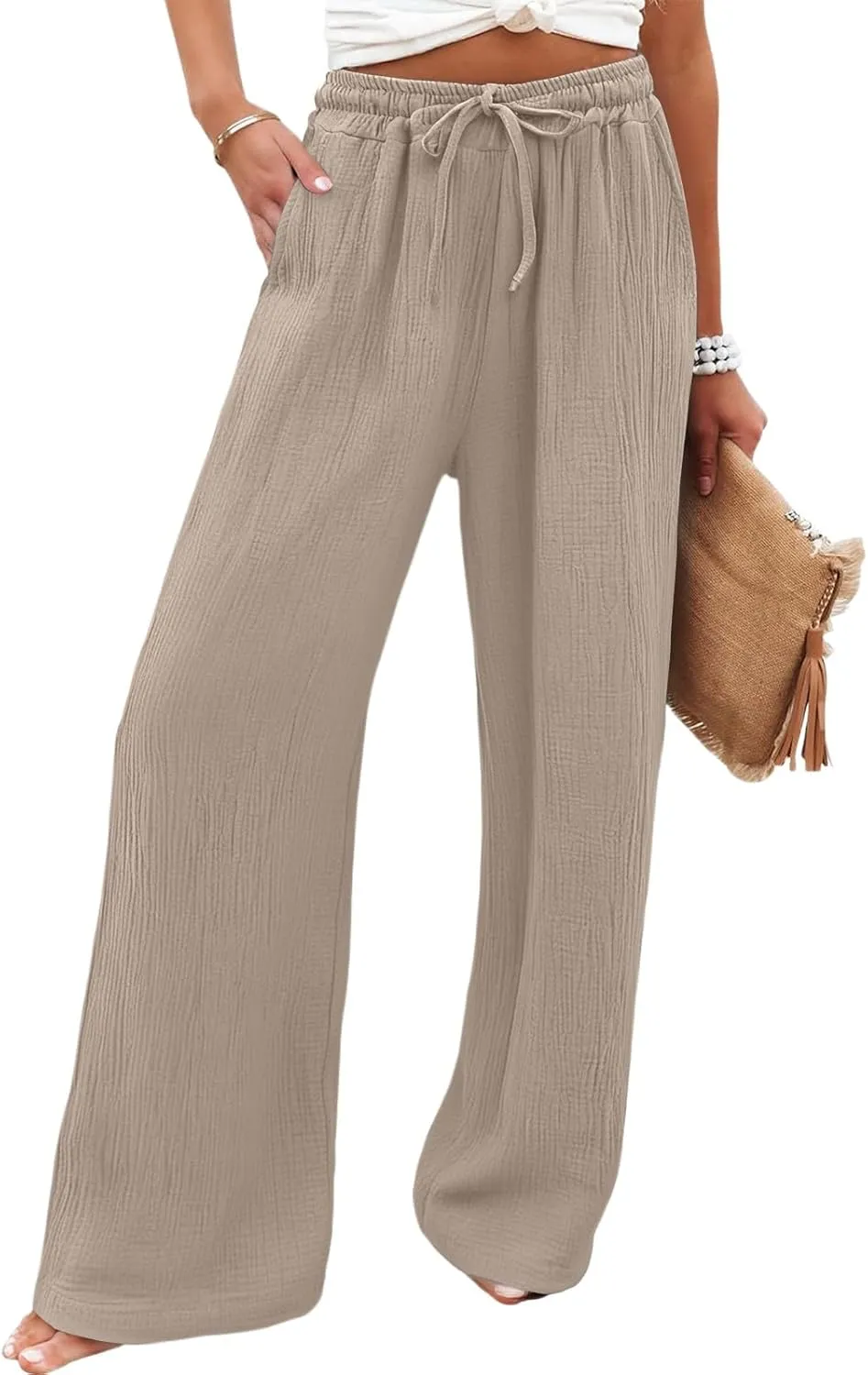 Womens Linen Pants Straight Leg Elastic Drawstring Wide Leg Trousers Beach Lounge Pants with Pockets