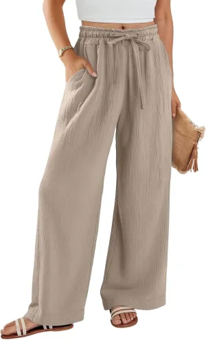 Womens Linen Pants Straight Leg Elastic Drawstring Wide Leg Trousers Beach Lounge Pants with Pockets