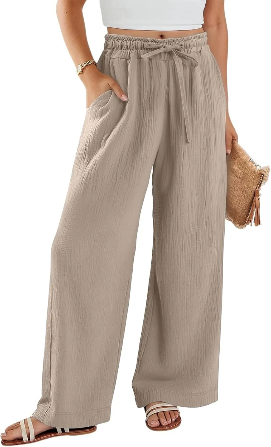 Womens Linen Pants Straight Leg Elastic Drawstring Wide Leg Trousers Beach Lounge Pants with Pockets