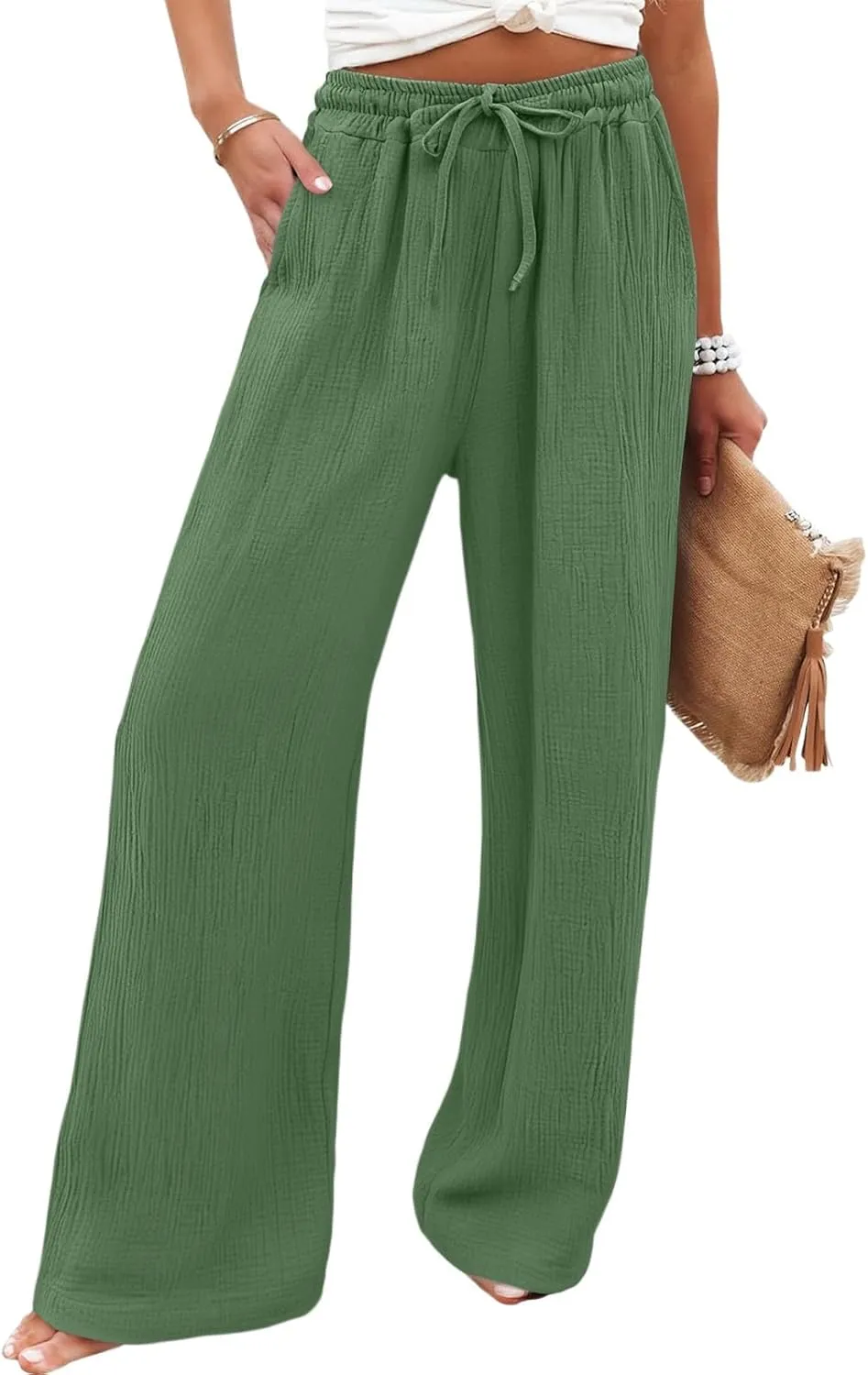 Womens Linen Pants Straight Leg Elastic Drawstring Wide Leg Trousers Beach Lounge Pants with Pockets