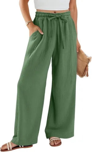 Womens Linen Pants Straight Leg Elastic Drawstring Wide Leg Trousers Beach Lounge Pants with Pockets