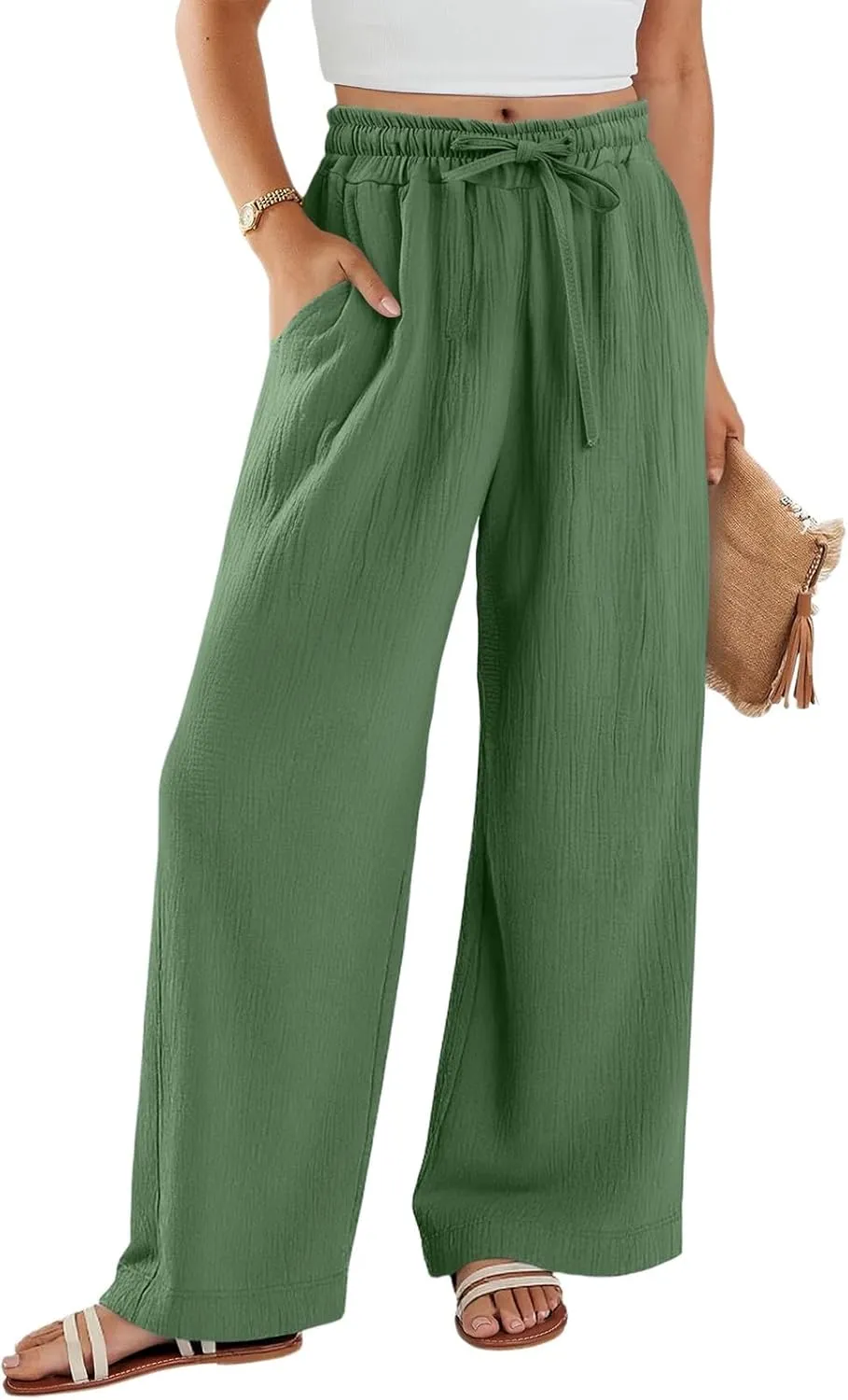 Womens Linen Pants Straight Leg Elastic Drawstring Wide Leg Trousers Beach Lounge Pants with Pockets