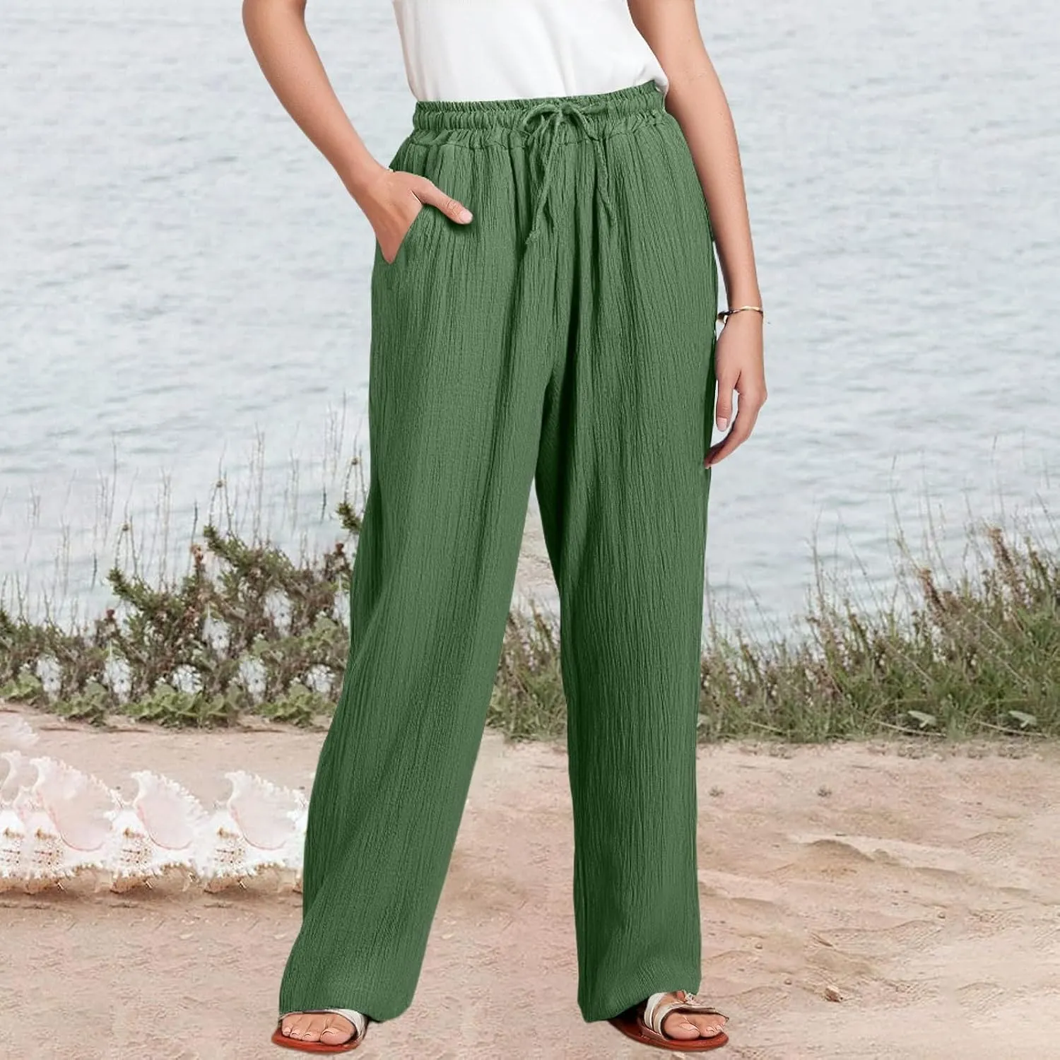 Womens Linen Pants Straight Leg Elastic Drawstring Wide Leg Trousers Beach Lounge Pants with Pockets