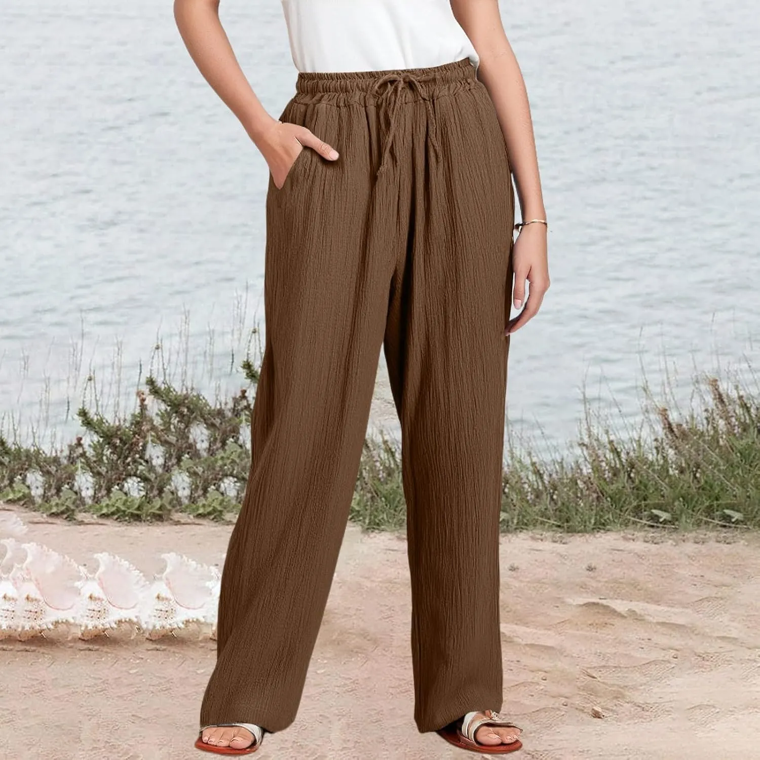 Womens Linen Pants Straight Leg Elastic Drawstring Wide Leg Trousers Beach Lounge Pants with Pockets