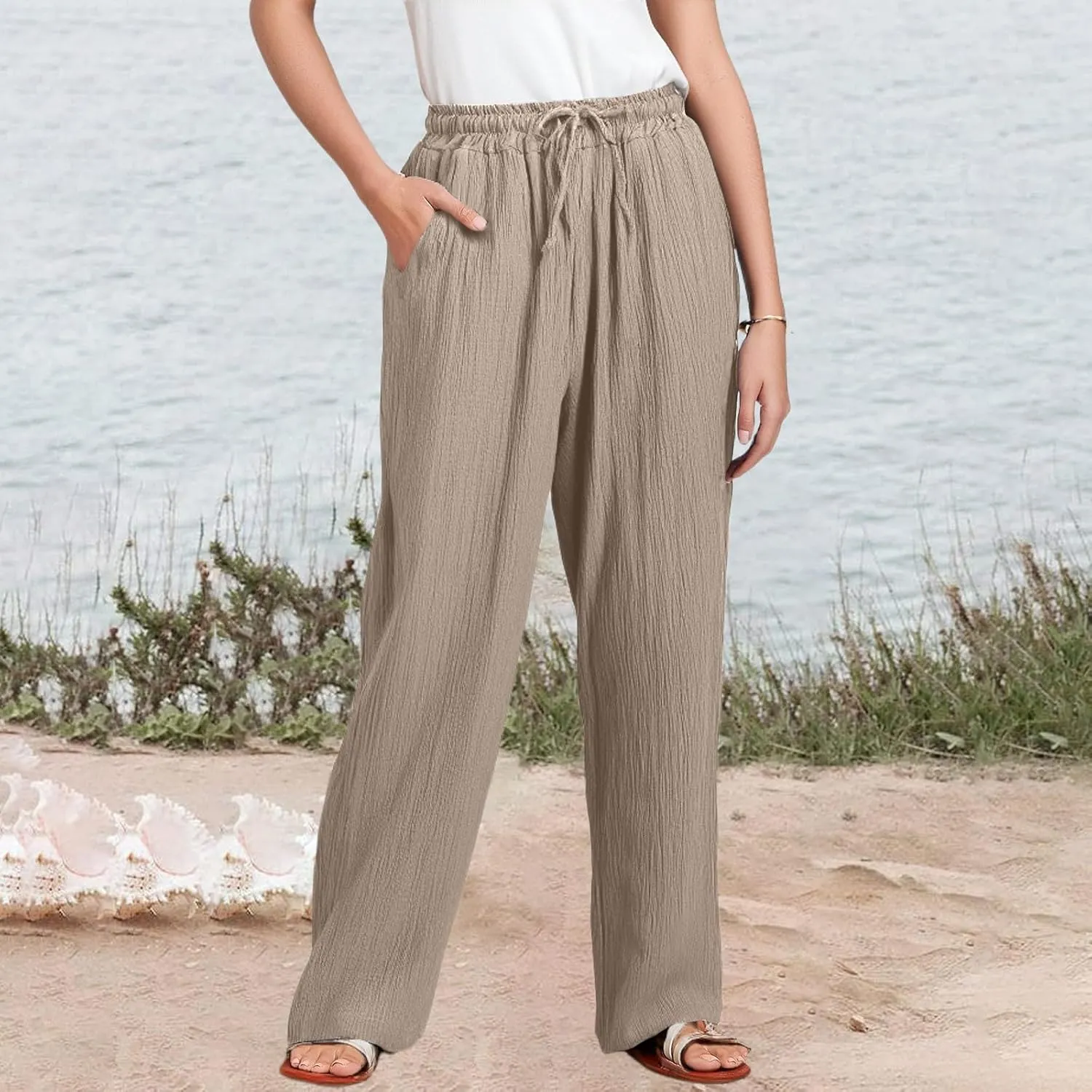Womens Linen Pants Straight Leg Elastic Drawstring Wide Leg Trousers Beach Lounge Pants with Pockets