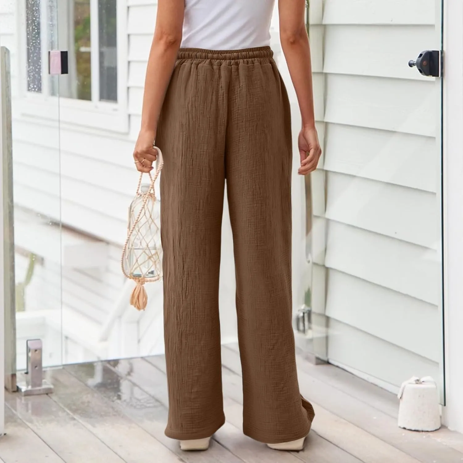 Womens Linen Pants Straight Leg Elastic Drawstring Wide Leg Trousers Beach Lounge Pants with Pockets