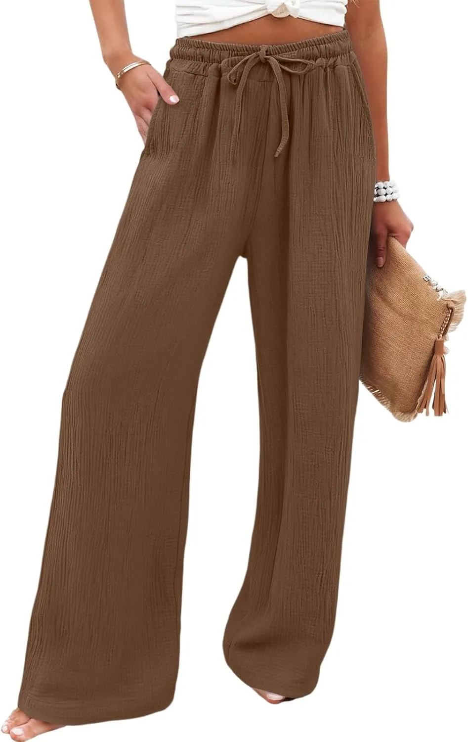 Womens Linen Pants Straight Leg Elastic Drawstring Wide Leg Trousers Beach Lounge Pants with Pockets