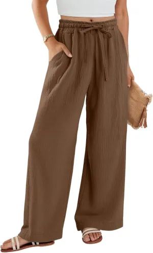 Womens Linen Pants Straight Leg Elastic Drawstring Wide Leg Trousers Beach Lounge Pants with Pockets