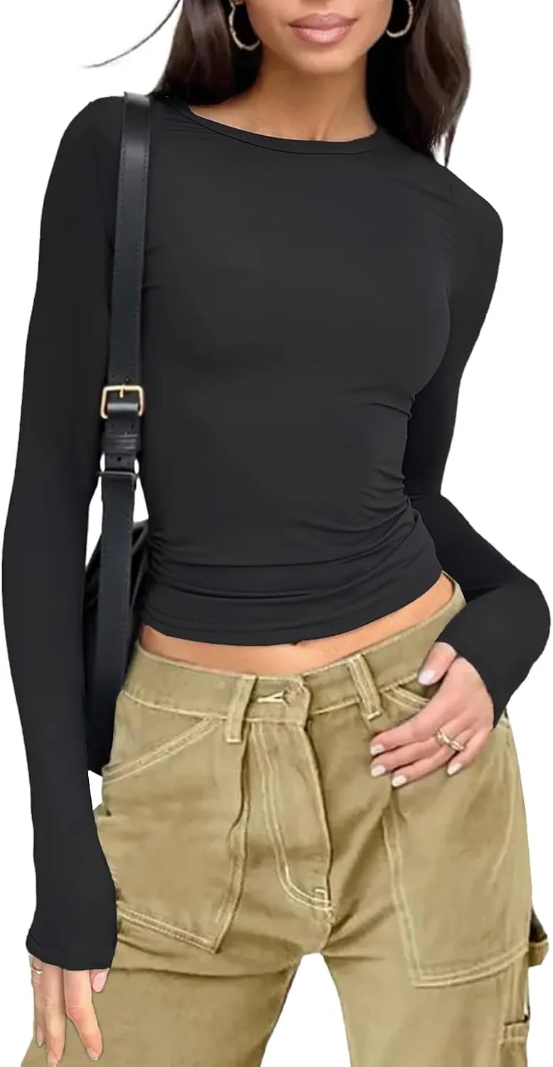 Womens Long Sleeve Shirts Basic Tees Y2k Slim Fit T Shirt Crew Neck Trendy Crop Top Casual