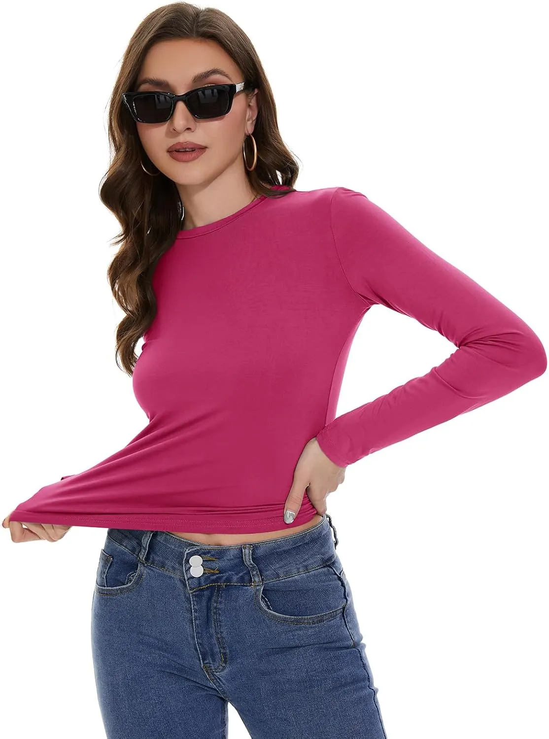 Womens Long Sleeve Shirts Basic Tees Y2k Slim Fit T Shirt Crew Neck Trendy Crop Top Casual