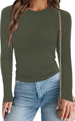 Womens Long Sleeve Shirts Basic Tees Y2k Slim Fit T Shirt Crew Neck Trendy Crop Top Casual
