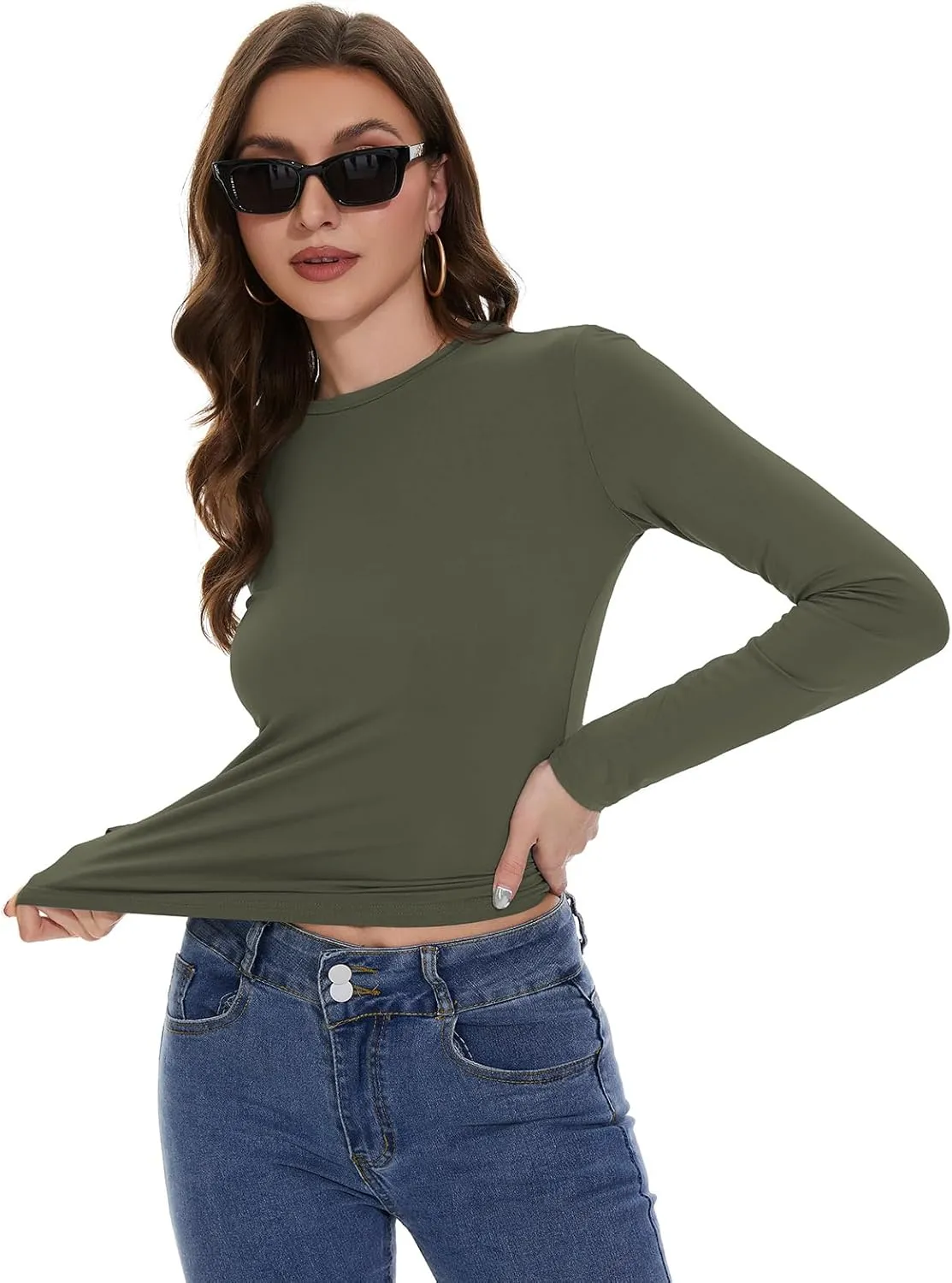 Womens Long Sleeve Shirts Basic Tees Y2k Slim Fit T Shirt Crew Neck Trendy Crop Top Casual