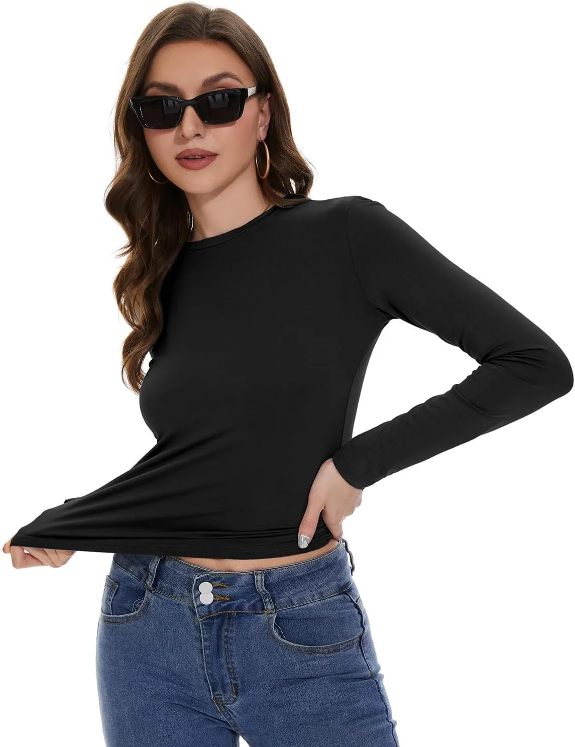 Womens Long Sleeve Shirts Basic Tees Y2k Slim Fit T Shirt Crew Neck Trendy Crop Top Casual