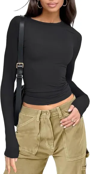 Womens Long Sleeve Shirts Basic Tees Y2k Slim Fit T Shirt Crew Neck Trendy Crop Top Casual