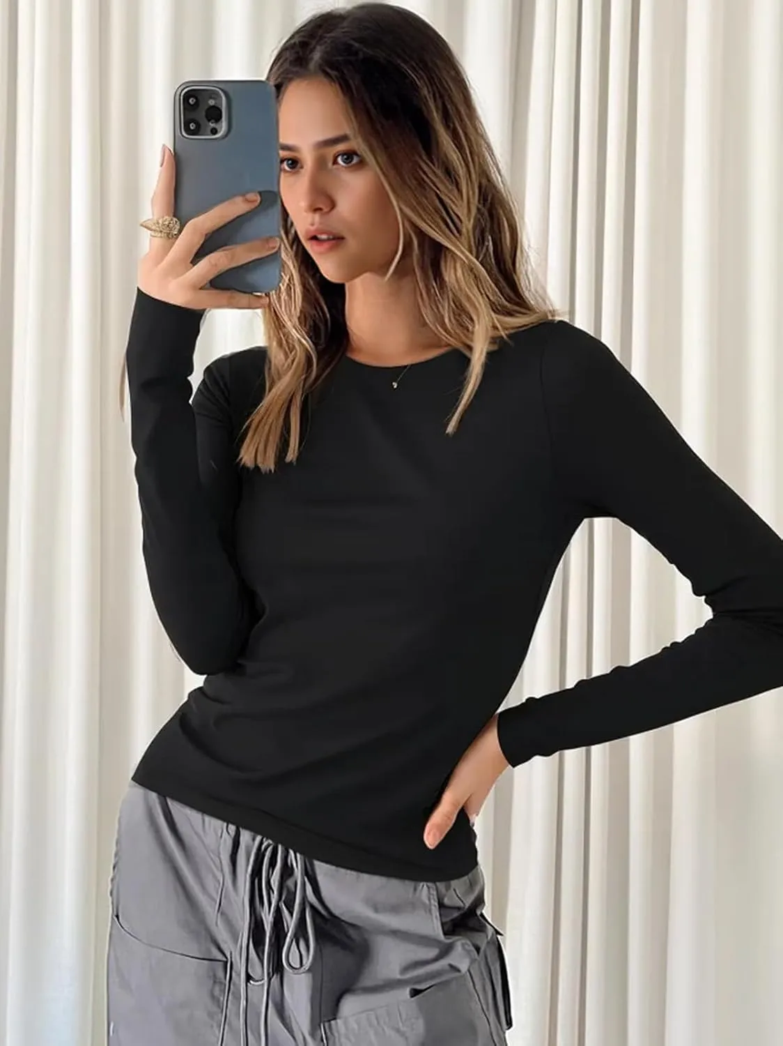 Womens Long Sleeve Shirts Basic Tees Y2k Slim Fit T Shirt Crew Neck Trendy Crop Top Casual