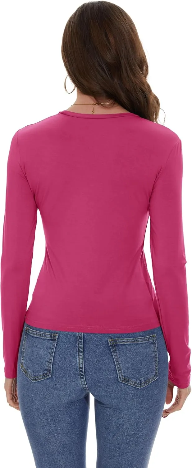 Womens Long Sleeve Shirts Basic Tees Y2k Slim Fit T Shirt Crew Neck Trendy Crop Top Casual