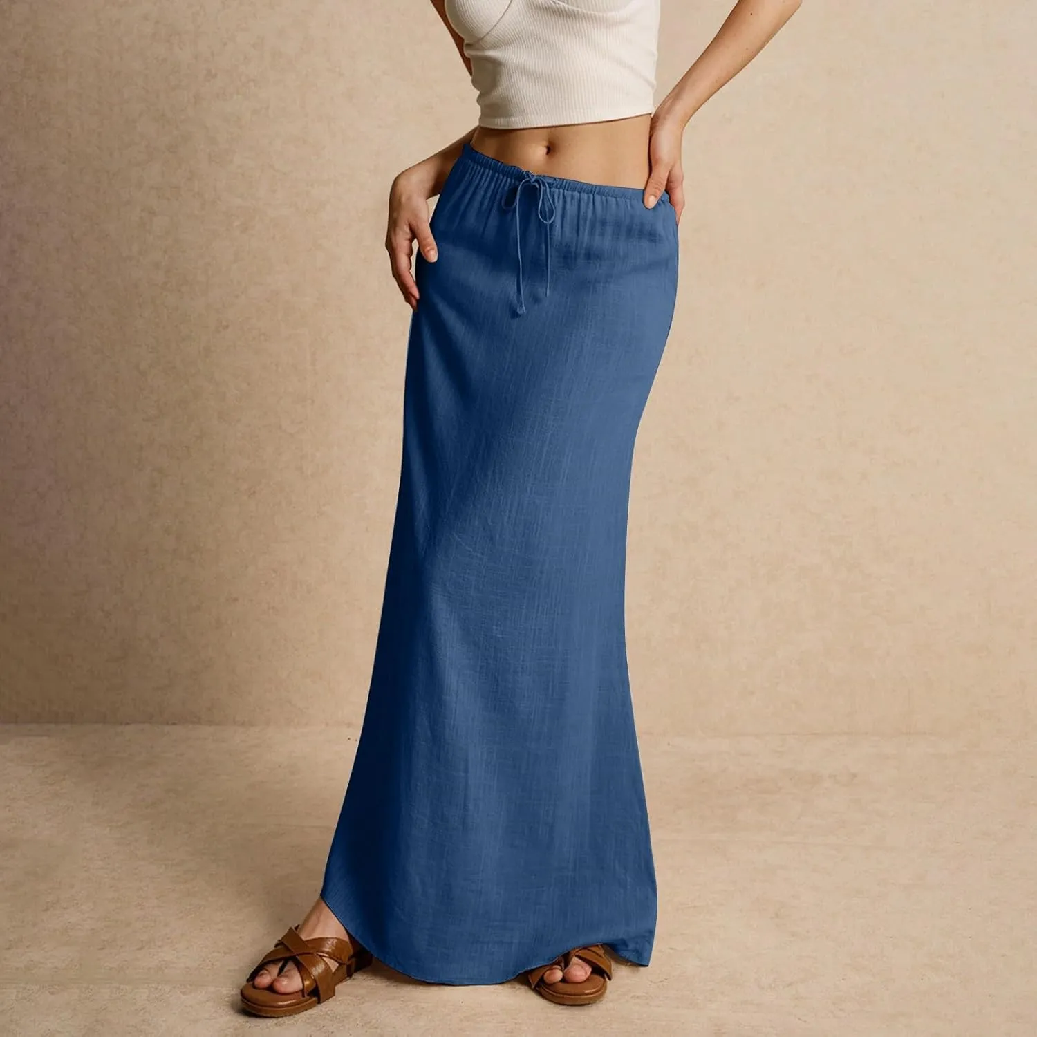 Womens Summer Flowy Linen A-Line Maxi Skirt 2025 Fashion Elastic Waist Pleated Long Beach Skirt