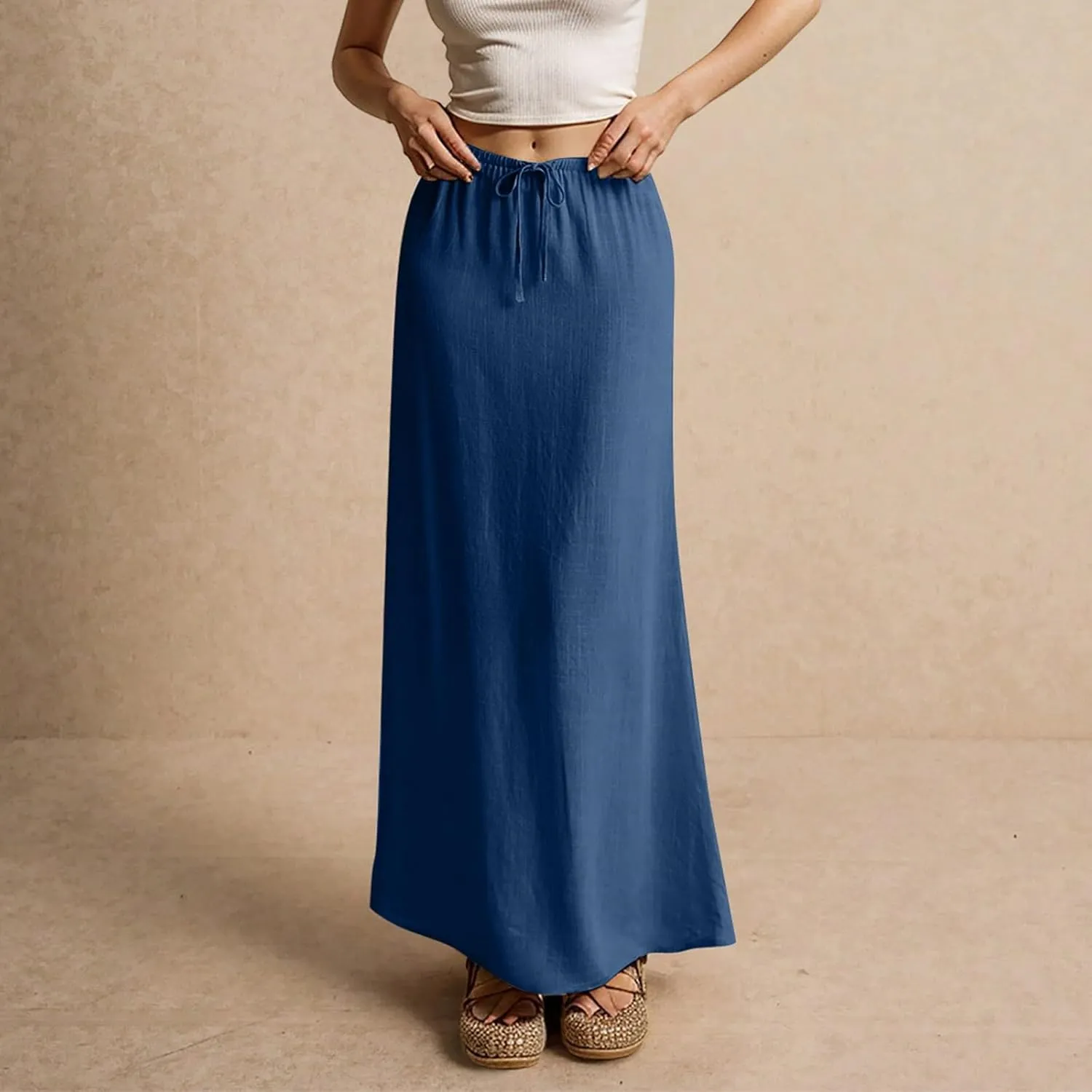 Womens Summer Flowy Linen A-Line Maxi Skirt 2025 Fashion Elastic Waist Pleated Long Beach Skirt